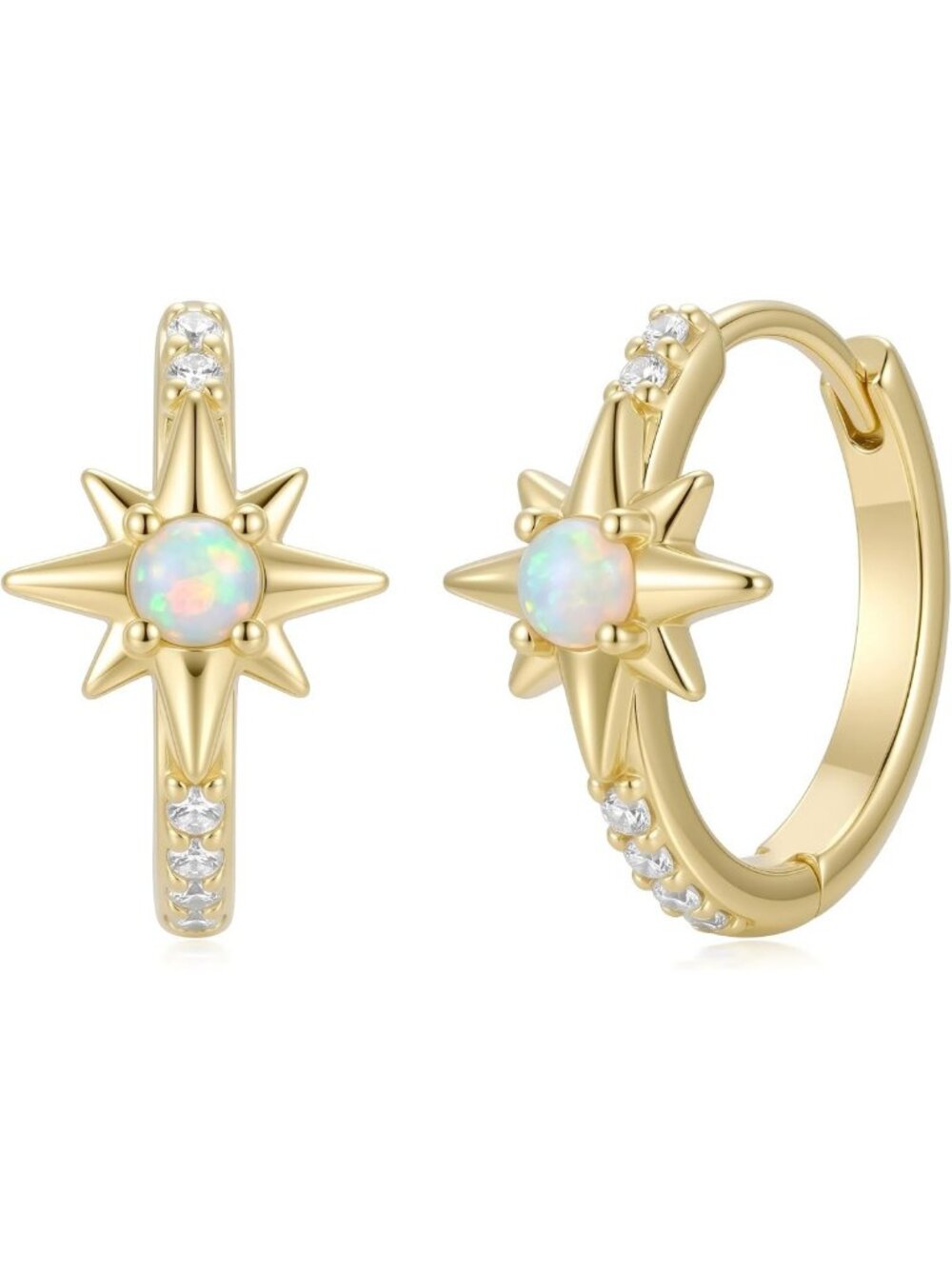 14K Gold Opal Starburst Huggie Hoop Earrings - Celestial Jewelry Gift for Her